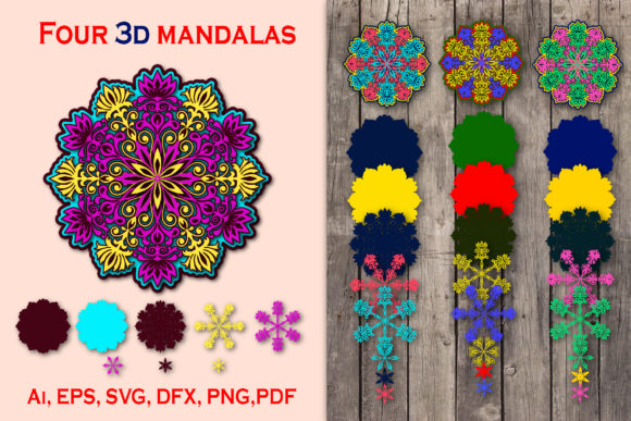 Four Bright 3D Mandalas: Graphics for Crafts and Content